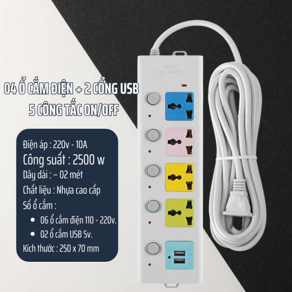 Ổ cắm điện nhiều màu 2m - 2500w - Hình ảnh 2